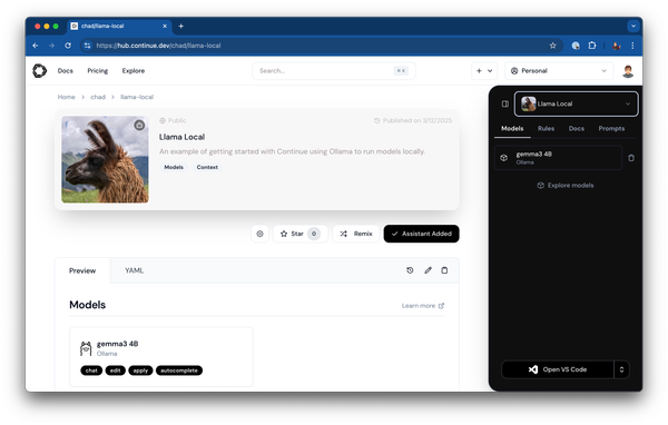 Continue Hub Assistant using Ollama locally and running Google's Gemma 3.